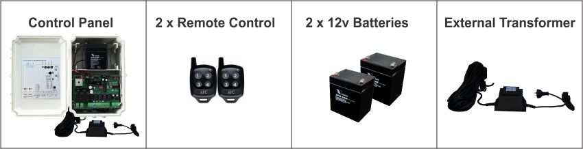 Control Box Kit Suitable for Low Voltage Powered Single & Double APC Gate Systems, Supplied with APC Control Box, 24V LV Control Board, External Transformer, 2 x 12V 5Ah Back-Up Batteries & 2 Remote Controls